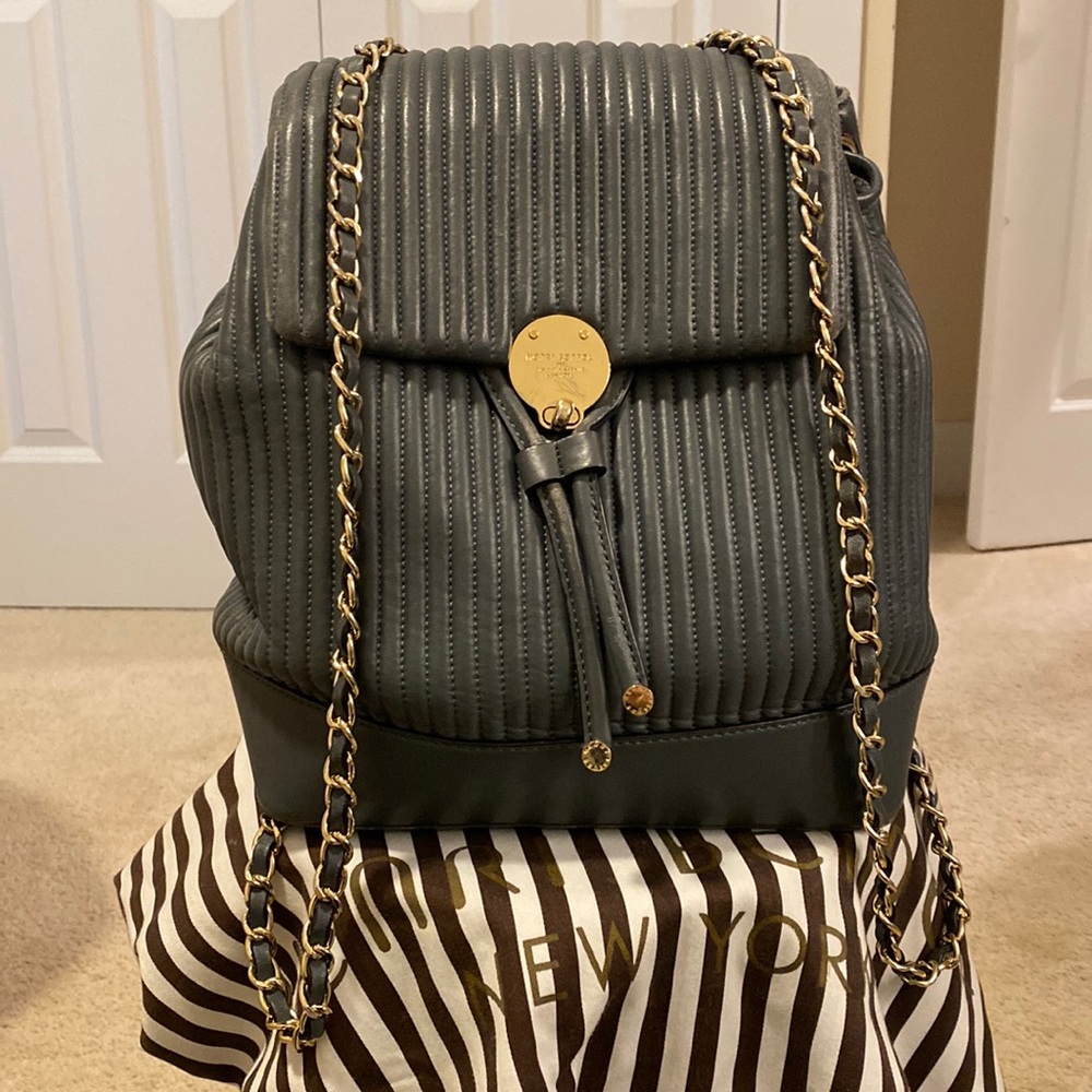 Henri Bendel Pipped Leather Bacpack Grey with Gold accents - Dust Bag included